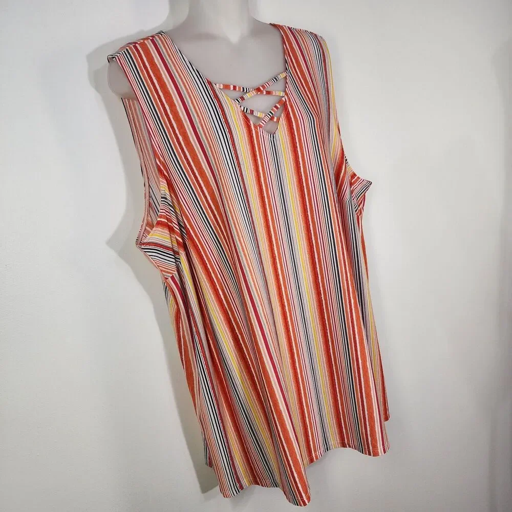 Catherines Black Label Womens Tank Top 2X Sleeveless Orange Stripes Criss Cross